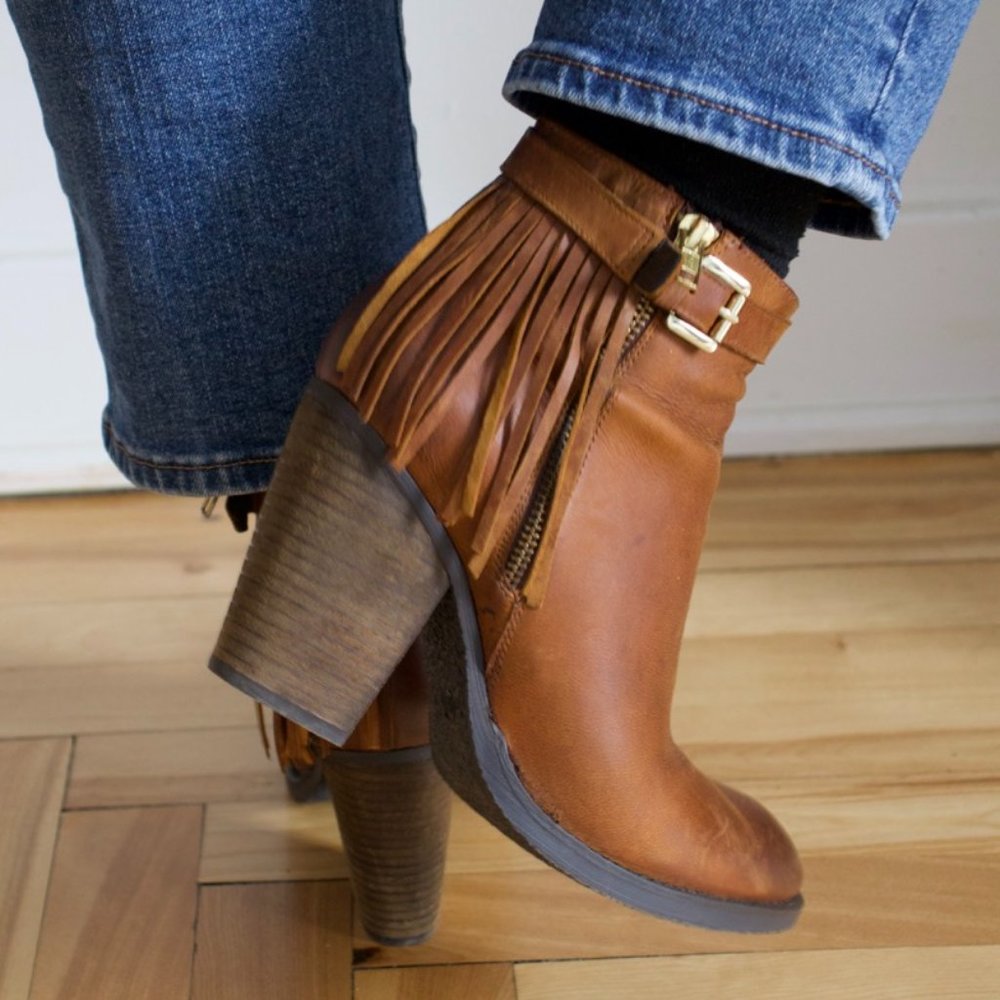 Steve Madden Woodmeer cognac leather fringe ankle booties